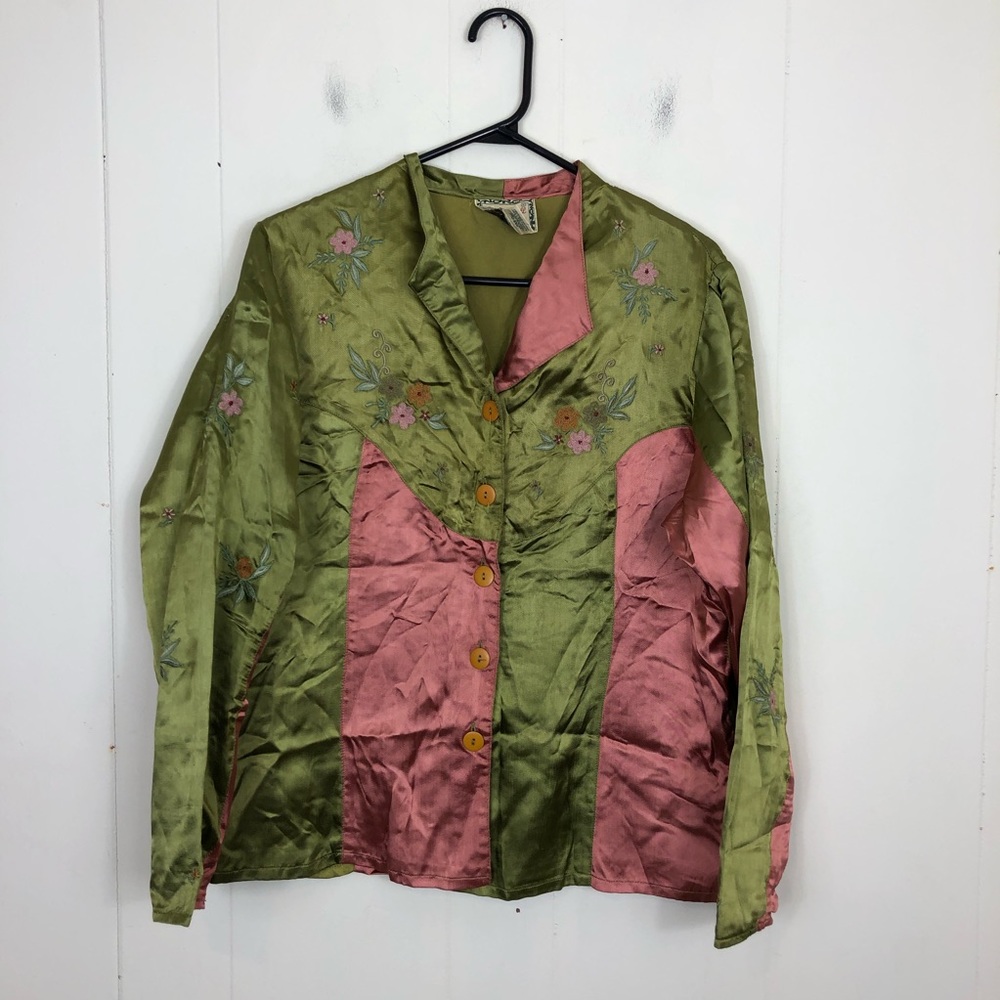 Vintage 90s April Cornel Satin Embroidered Jacket Sz M